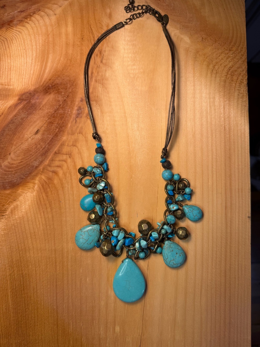 Laura Ashley Faux Turquoise and 1990s Antique Brass Teardrop Necklace
